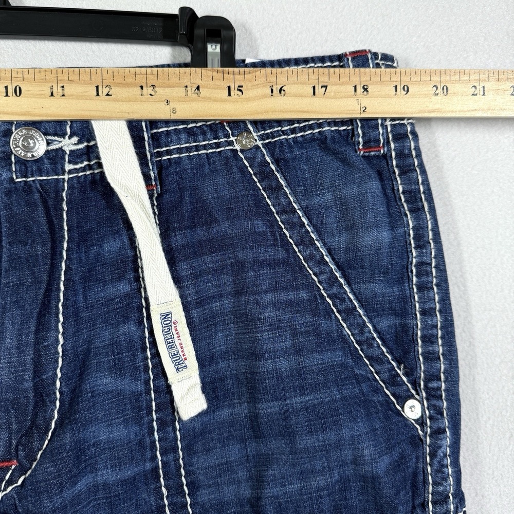 True Religion Cargo Shorts Men 36 Big T Red Stitch Denim Cut Off Drawstring Jean - Picture 8 of 15